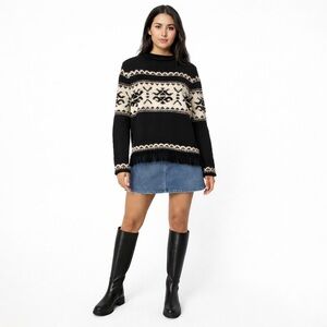 VINTAGE Nordic Style Pullover Sweater cotton Rollneck Fringe Black Y2K size L